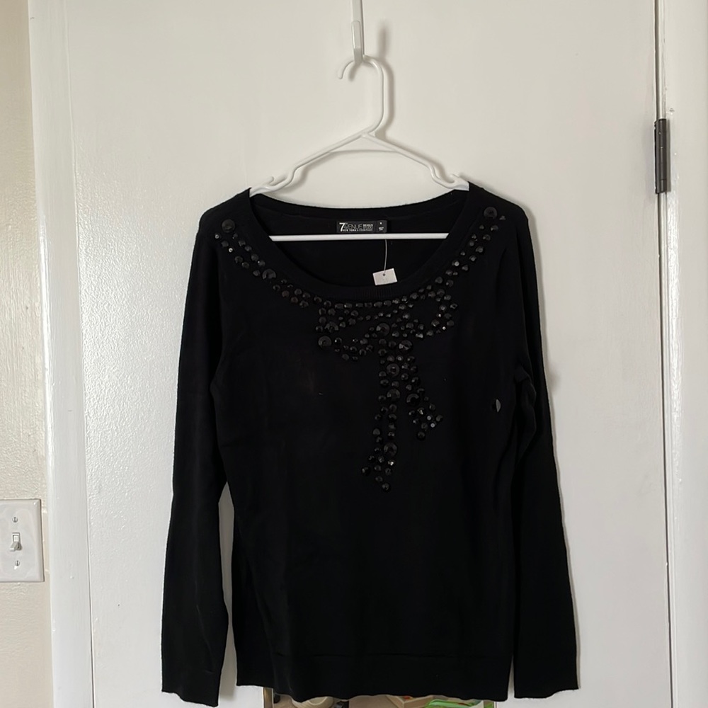 NEW YORK & COMPANY Women’s Knit Sweater with Black Embellishment Neckline